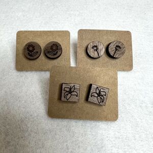 3 Pack Wooden Engraved Stud Earrings